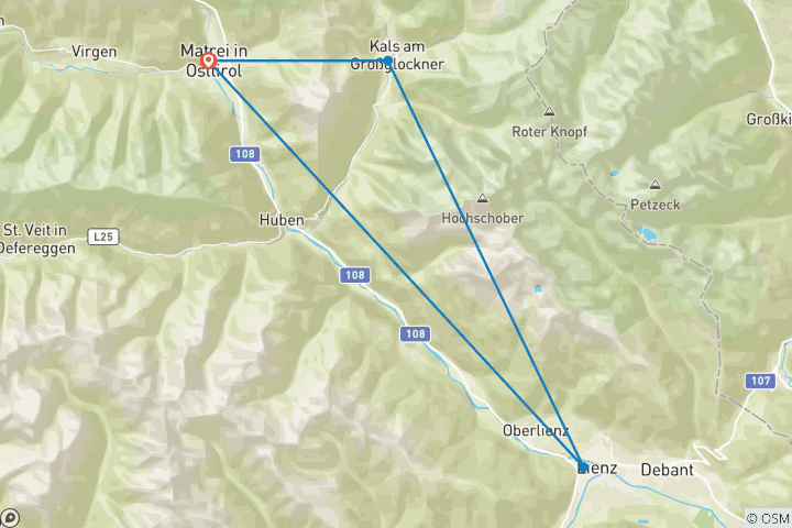 Kaart van 6-meren huttentocht in de Virgen Vallei (8 dagen)
