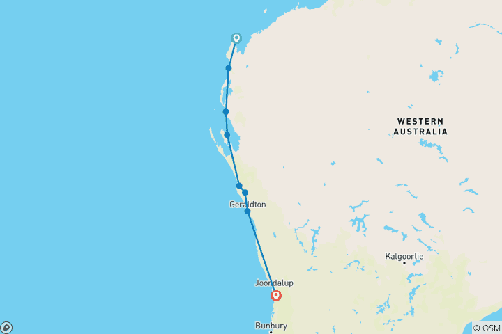 Map of West Coast & Ningaloo Reef Adventure (Southbound)