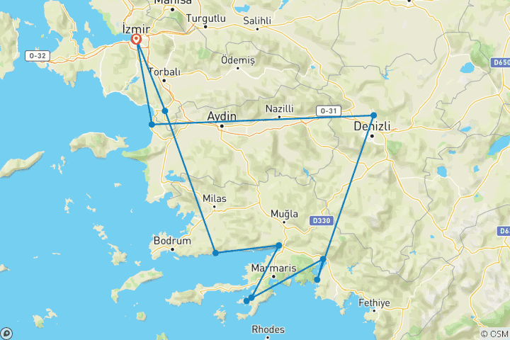 Carte du circuit 8 jours de cyclotourisme en Turquie, de la mer Égée à la Méditerranée