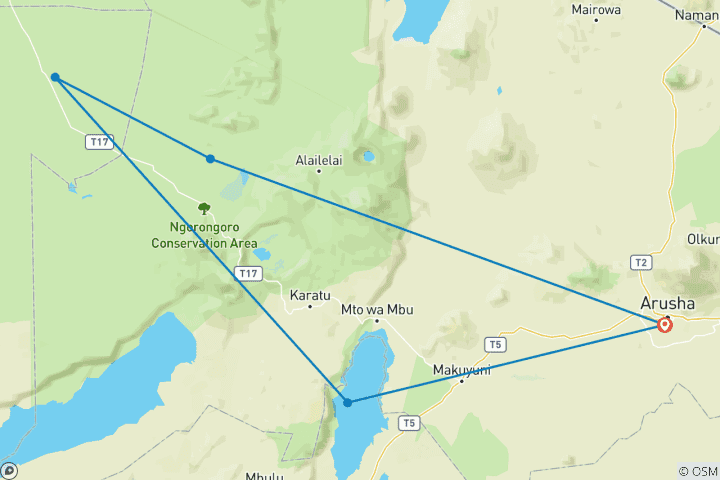 Map of 5-Day 4 Nights Tanzania Safari