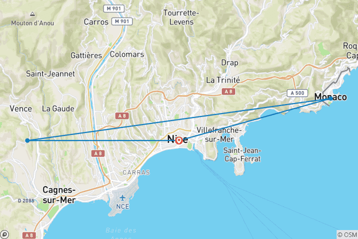 Karte von Komplette Reise an die französische Riviera ab Nizza, Côte d'Azur (5 Tage / 4 Nächte)