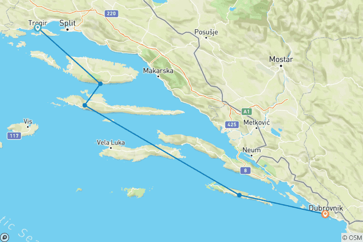 Map of MINI ROUTE  – Trogir to Dubrovnik, MS ADRIATICA or EQUATOR or STELLA MARIS