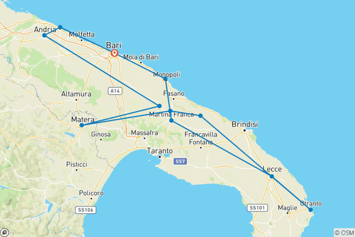 Mapa de Lo mejor de Apulia, 8 días de Bari a Bari