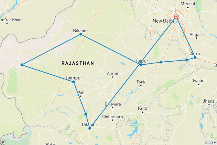 Mapa de Circuito Privado de 12 Días por Rajastán y Tajmahal