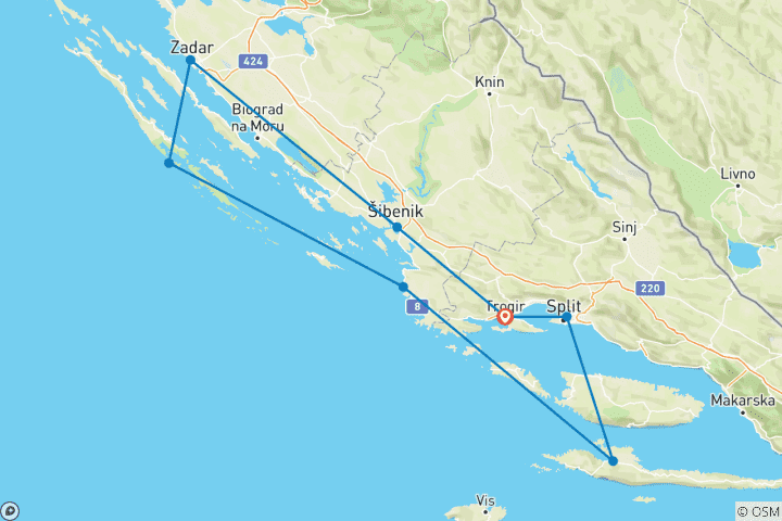 Map of Round trip cruise Trogir - Zadar - Trogir, MS Equator