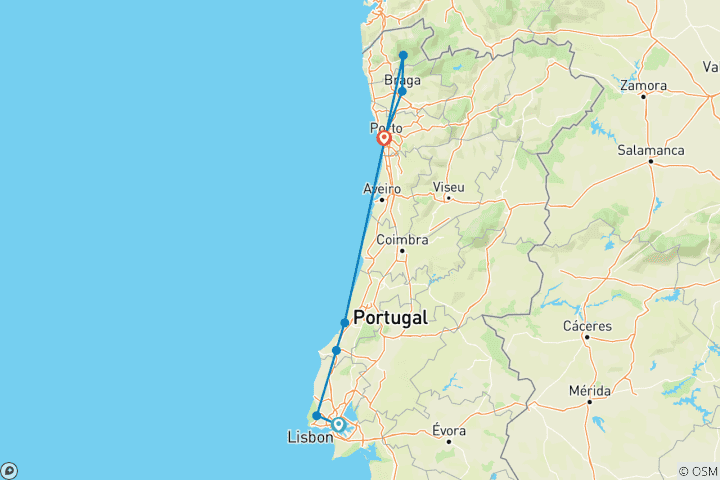 Map of Food & Wine Portugal Tours: Lisbon to Porto & Douro Post-Tour Extension