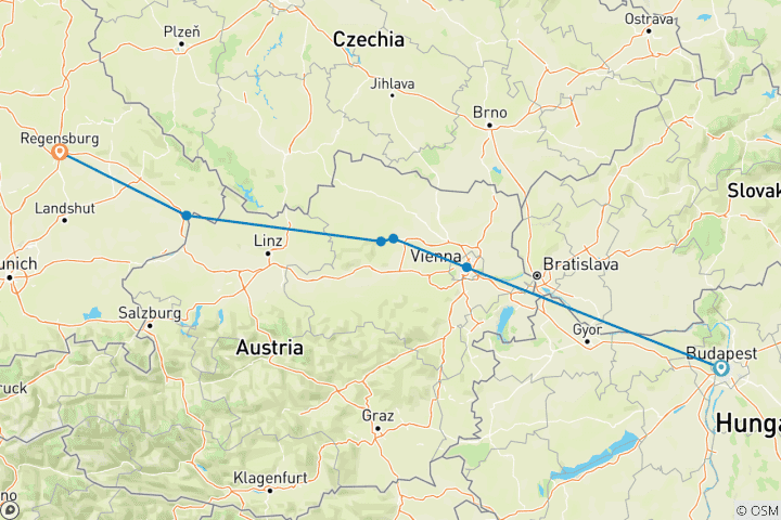 Map of Christmas on the Danube Budapest to Regensburg