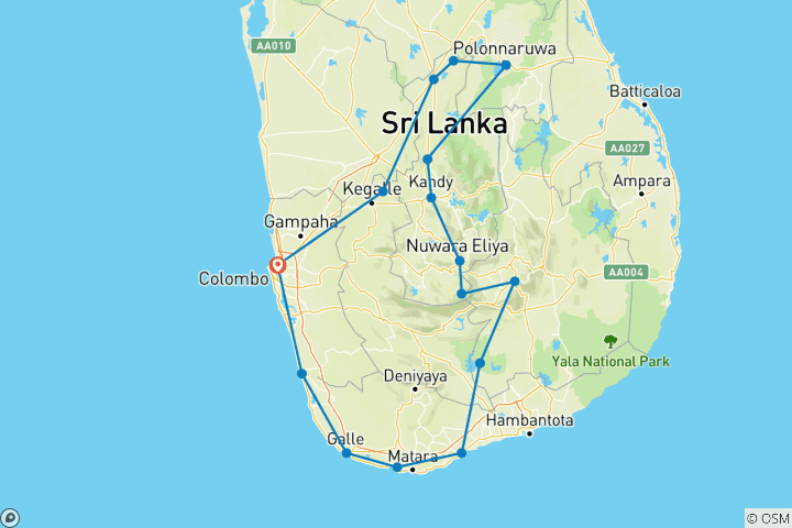 Carte du circuit Vacances pour célibataires au Sri Lanka