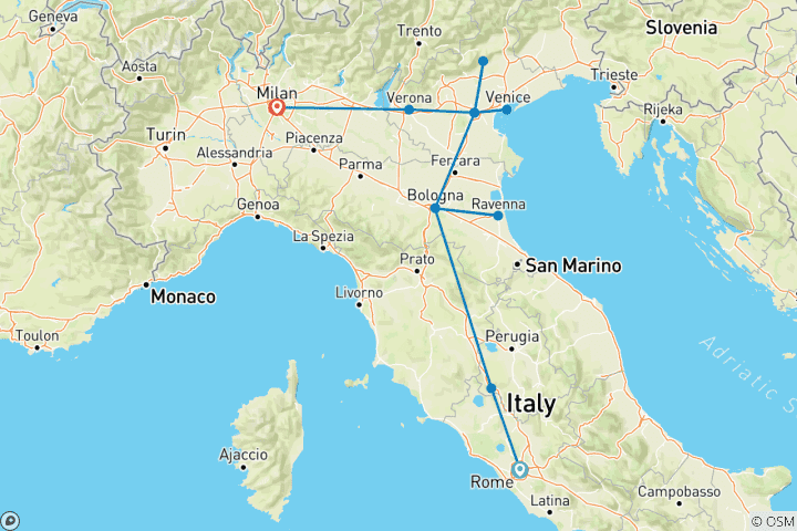 Carte du circuit Circuit de 6 jours en petit groupe au départ de Rome : Venise, Garda et l'Italie du Nord romantique