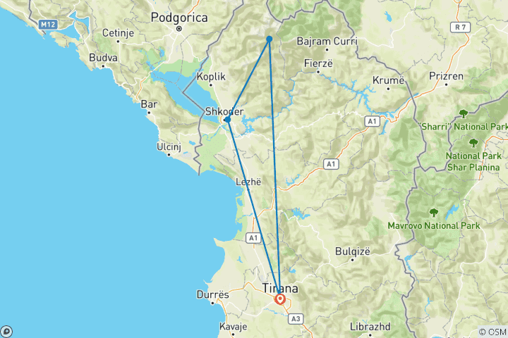 Mapa de Excursión a Theth y Shkoder en 2 días desde Tirana y Durres - senderismo y viaje cultural
