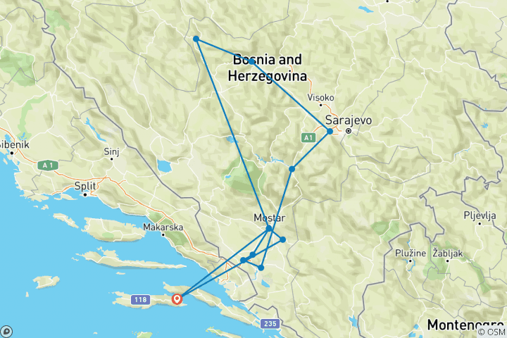 Map of All seasons explore Bosnia 7 days tour from Korcula. Jajce fortress, old Sarajevo, fortified town Počitelj, Zavala monastery and more.