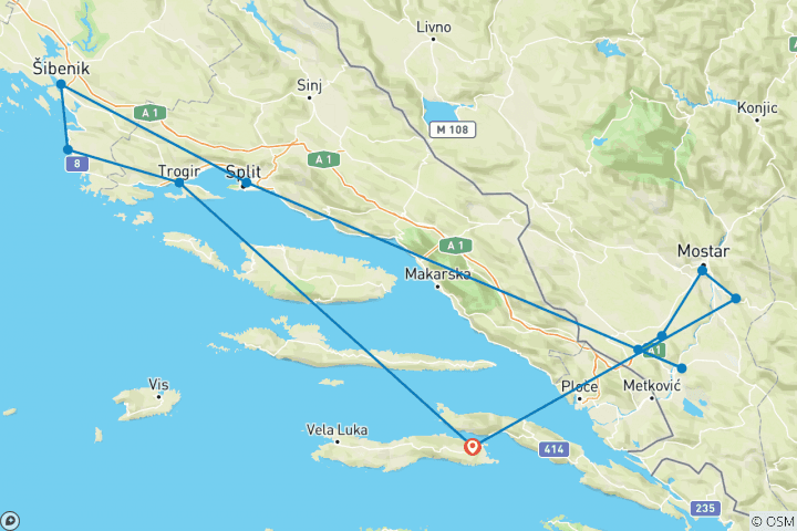 Carte du circuit Joyaux UNESCO de la Croatie + découverte de la Bosnie : circuit toutes saisons de 6 jours au départ de Korcula. Principales attractions de la Bosnie + célèbres villes dalmates de Croatie : Split, Sibenik et Trogir.