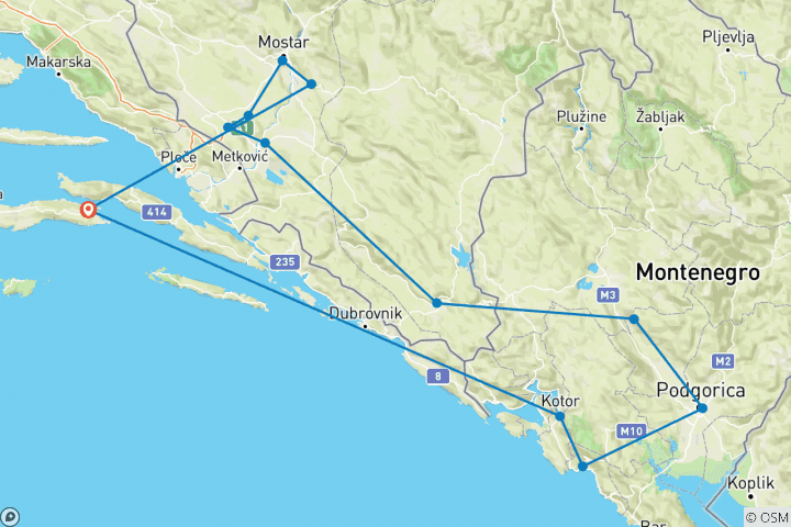 Carte du circuit Découverte hors saison de la Bosnie et du Monténégro en 6 jours au départ de Korcula. Visitez les principales attractions de la Bosnie et du Monténégro.