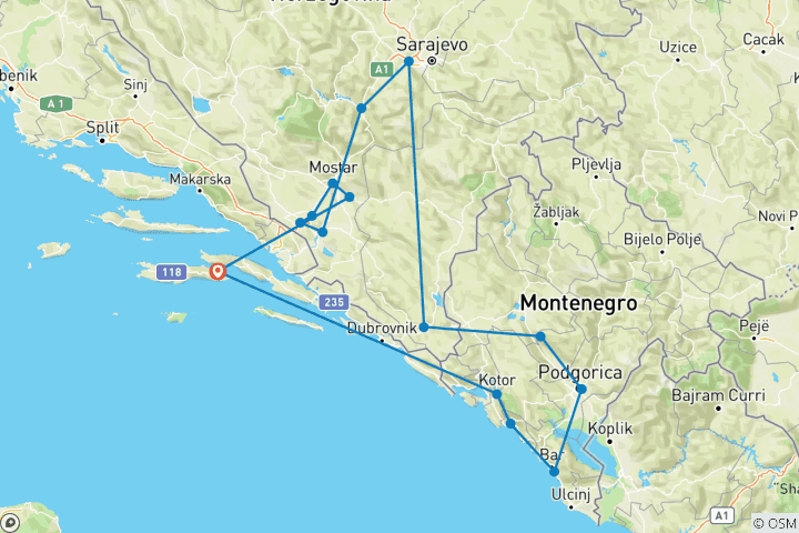 Carte du circuit Hors saison, découverte de la Bosnie et du Monténégro en 8 jours au départ de Korcula. Bosnie et; Monténégro : visitez les principales attractions des 2 pays.