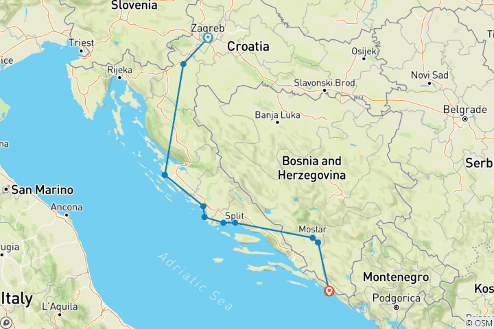 Map of Discover Croatia + Bosnia in 6 days all seasons tour from Zagreb to Dubrovnik. Dalmatian Riviera, UNESCO Venetian towns, fortresses and scenic roads.