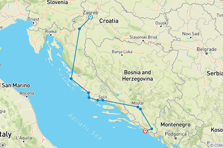 Map of Discover Croatia + Bosnia in 7 days all seasons tour from Zagreb to Dubrovnik. UNESCO venetian towns of Dalmatian Riviera and scenic roads.