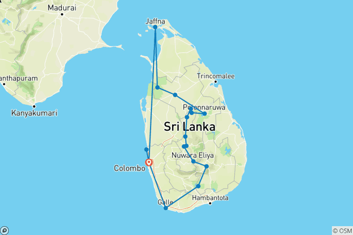 Kaart van Fascinatie Sri Lanka met een omweg naar het onbekende noorden (inclusief Hiriwadunna)