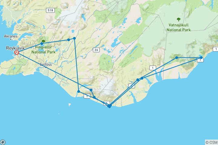 Map of 5 Day - Northern Lights, Golden Circle, South Coast, Jökulsárlón & Ice Cave