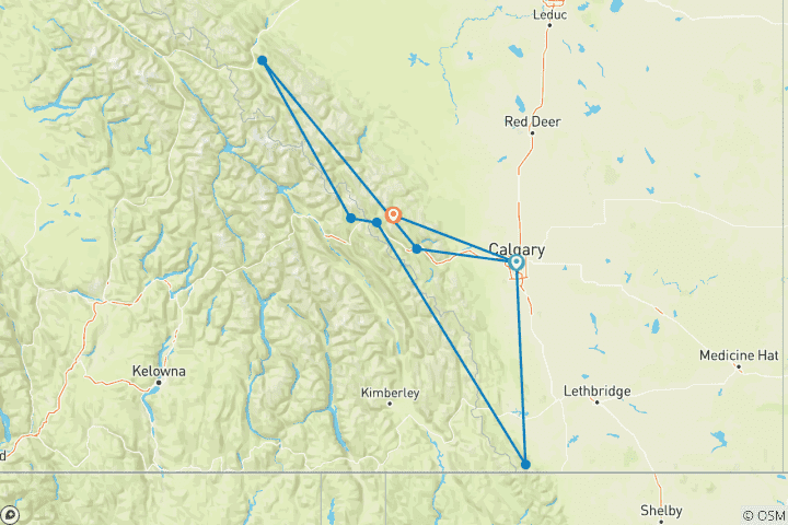 Map of 5-Day Rockies Tour: Banff, Yoho, Columbia Icefield & Waterton National Parks Adventure