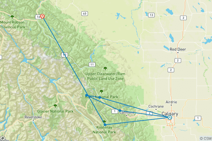 Carte du circuit 5 jours dans les Rocheuses canadiennes : Banff, champ de glace Columbia, parcs nationaux Yoho et Kootenay au départ de Calgary