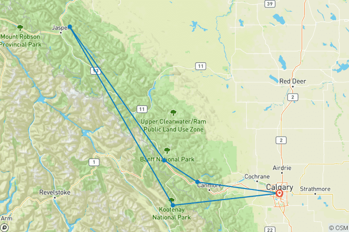 Carte du circuit Circuit de 5 jours dans les Rocheuses - Banff, champ de glace Columbia, parc national Yoho et Kootenay