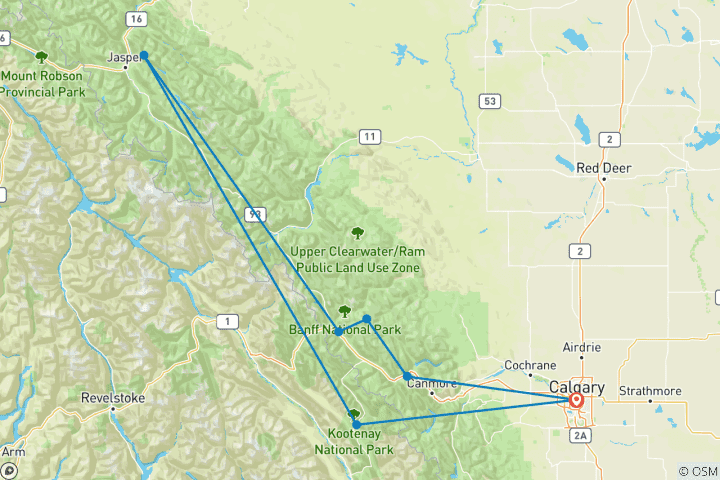 Mapa de Circuito de 5 días por las Montañas Rocosas Selectas - Banff y Columbia Icefield y Parque Nacional de Yoho y Kootenay