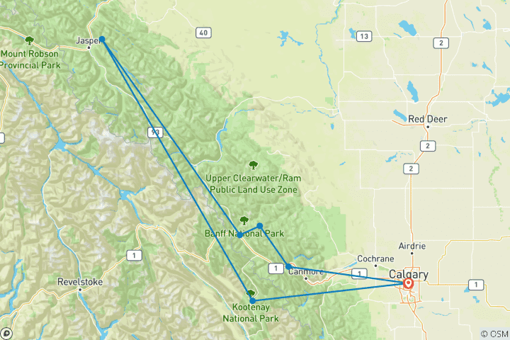 Carte du circuit 5 jours dans les Rocheuses canadiennes : Banff, champ de glace Columbia, parcs nationaux Yoho et Kootenay au départ de Calgary