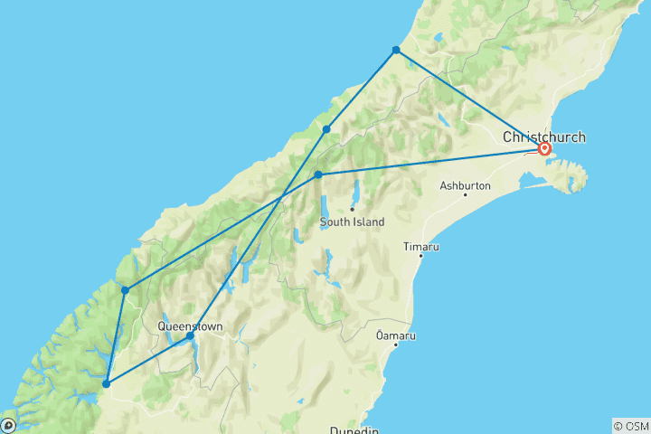 Map of 9 Day 'Kaka' South Island Select Tour