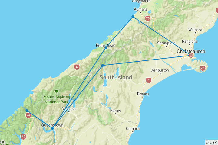 Map of 9 Day 'Kaka' South Island Select Tour