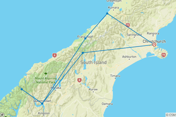 Map of 9 Day 'Kaka' South Island Select Tour