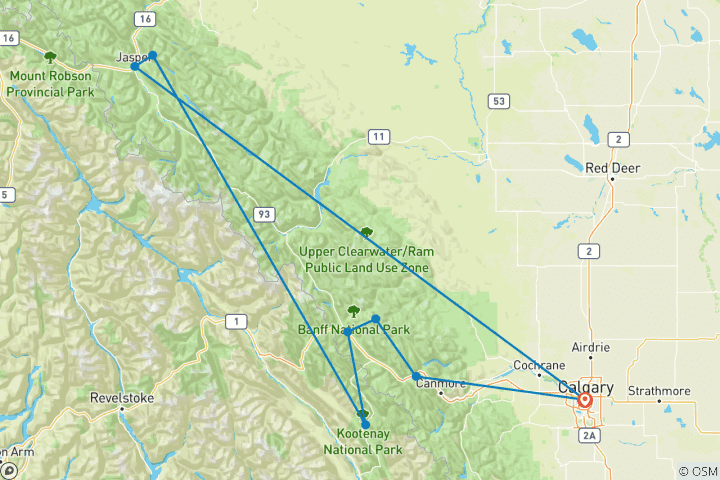 Mapa de Excursión de 6 días por las Rocosas: Aventura por los Parques Nacionales de Banff, Yoho y Kootenay