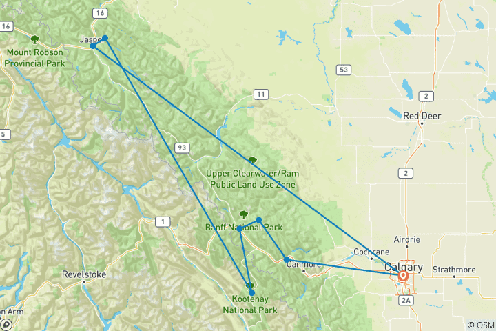 Map of 6-Day Rockies Tour: Banff, Yoho & Kootenay National Parks Adventure