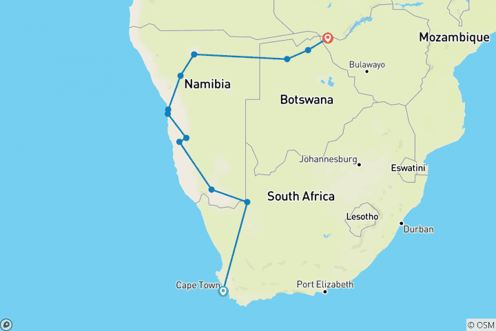 Map of Table Mountain to Victoria Falls - 20 days