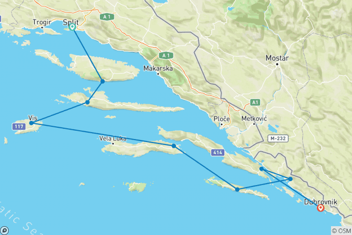 Map of Jewels of the Adriatic from Split - 8 Days