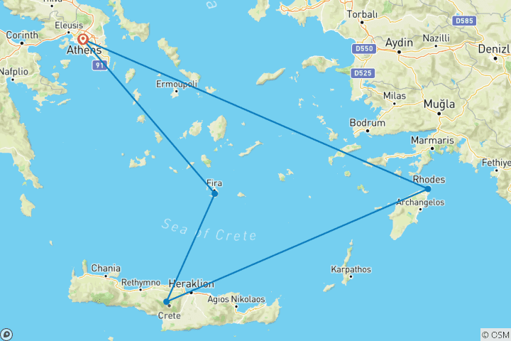 Map of 11 Day Island Tour Santorini, Crete, Rhodes with Private Cruise to Cape Sounio