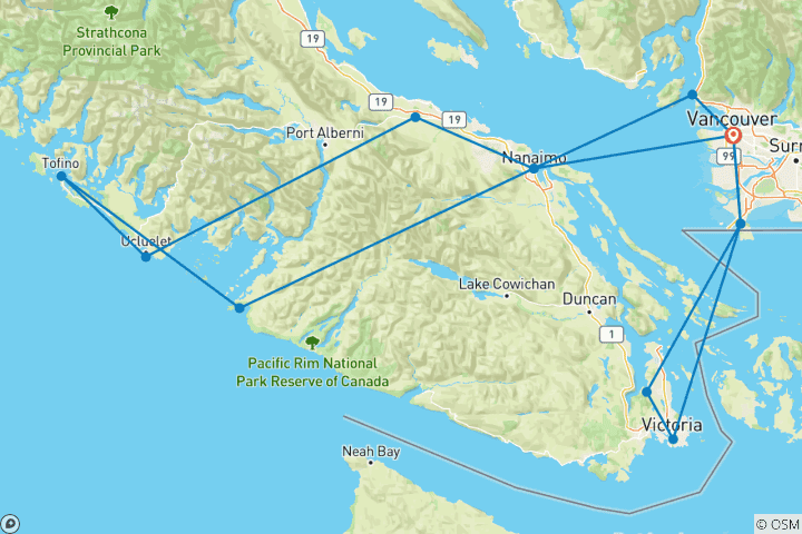 Carte du circuit Aventure dans les îles Vancouver Victoria, Ucluelet, Tofino, Nanaimo - 4 jours