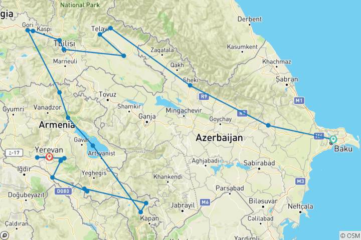 Map of Azerbaijan - Georgia - Armenia Tour - 14 days / Small Group Tour