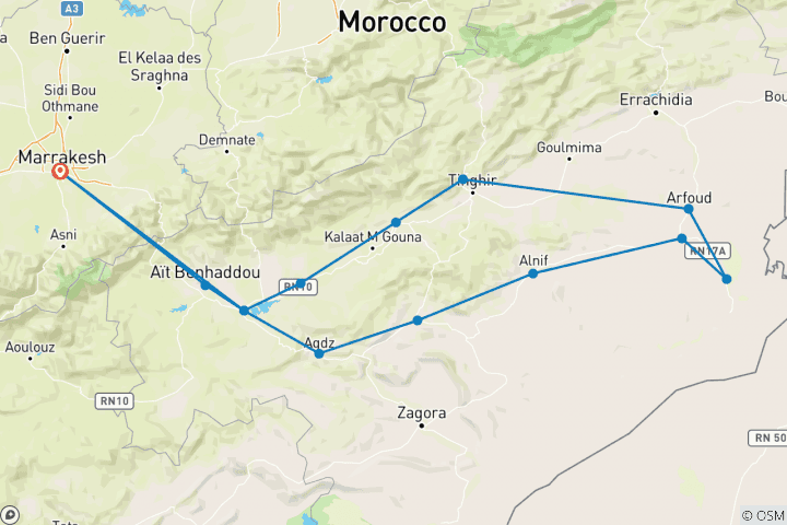 Carte du circuit 4 jours d'excursion dans le désert du Maroc au départ de Marrakech