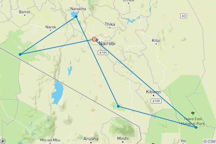 Carte du circuit Safari photographique de la faune et de la flore du Kenya - 7 jours