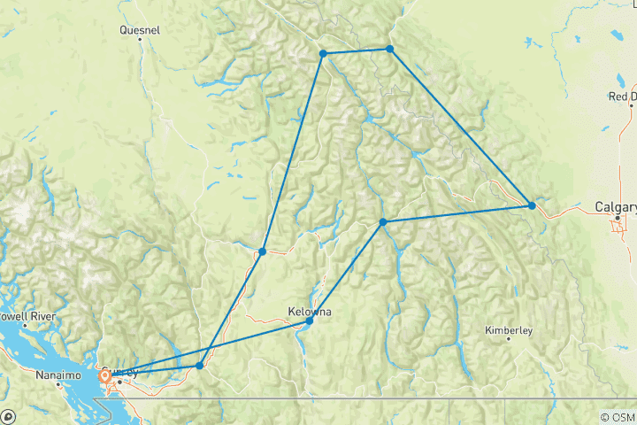 Carte du circuit 3 jours d'excursion dans les Rocheuses canadiennes au départ de Vancouver - en privé