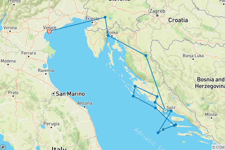 Map of Heavenly Adriatic cruise with romantic Venice