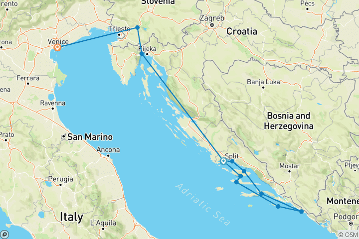 Map of Charming Croatia cruise with romantic Venice