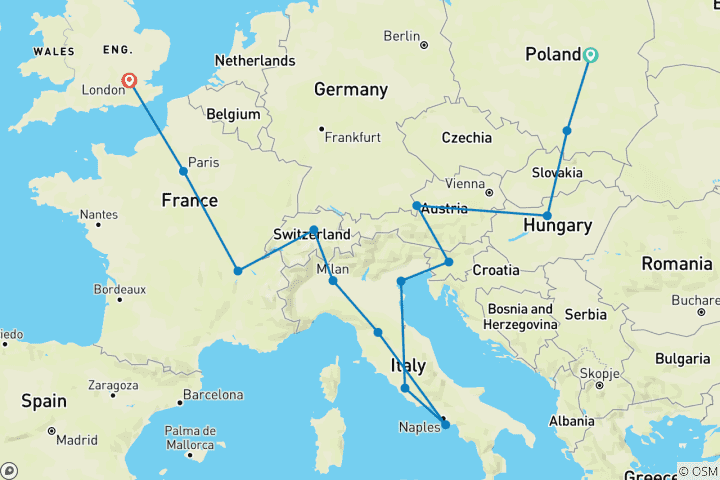 Map of Warsaw to London Vistas (Winter, 19 Days)