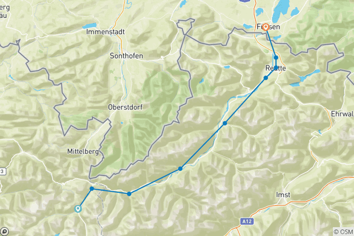 Karte von 13 Tage Lechweg: Lech am Arlberg - Füssen (13 Tage)