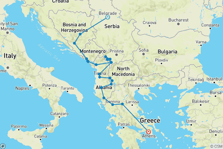 Carte du circuit Circuit en petit groupe dans les Balkans ; de Belgrade à Athènes ou Corfou en 14 jours
