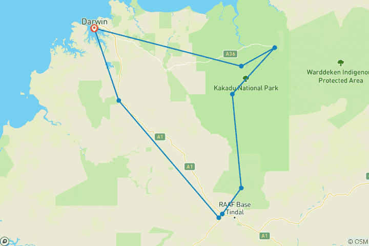 Carte du circuit 4 jours et nuits d'expérience culturelle à Kakadu et dans les gorges de Katherine (avec hébergement)