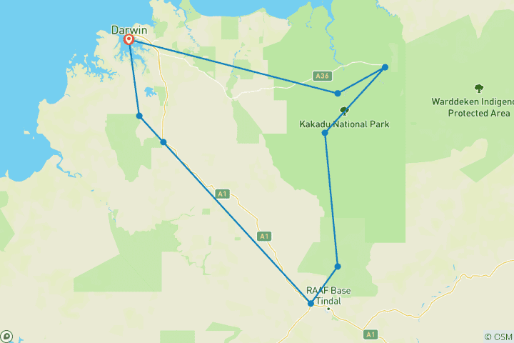 Carte du circuit Aventure en 4x4 à Kakadu Katherine Gorge Litchfield - camping - de Darwin - 5 jours