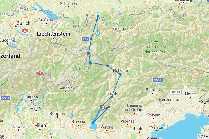 Karte von Via Claudia Augusta - Alpenüberquerung - Füssen - Riva del Garda - klassisch (8 Tage)