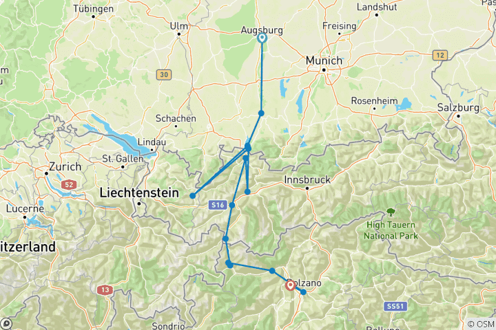 Karte von Via Claudia Augusta - Alpenüberquerung Augsburg - Bozen - klassisch (9 Tage)