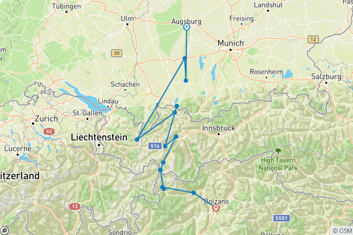 Karte von Via Claudia Augusta - Alpenüberquerung Augsburg - Bozen - sportlich (8 Tage)